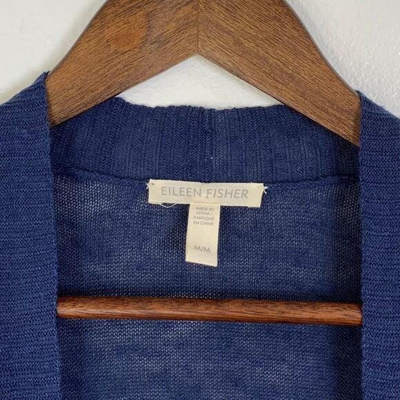 Eileen Fisher Open Cardigan 100% Organic Linen sz Medium Dark Indigo Bell Sleeve - Picture 3 of 12
